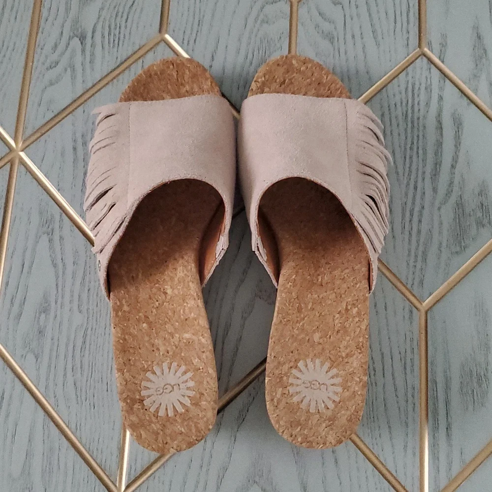UGG Fringe Wedges Suede Tan Slide Sandal. Size 8.